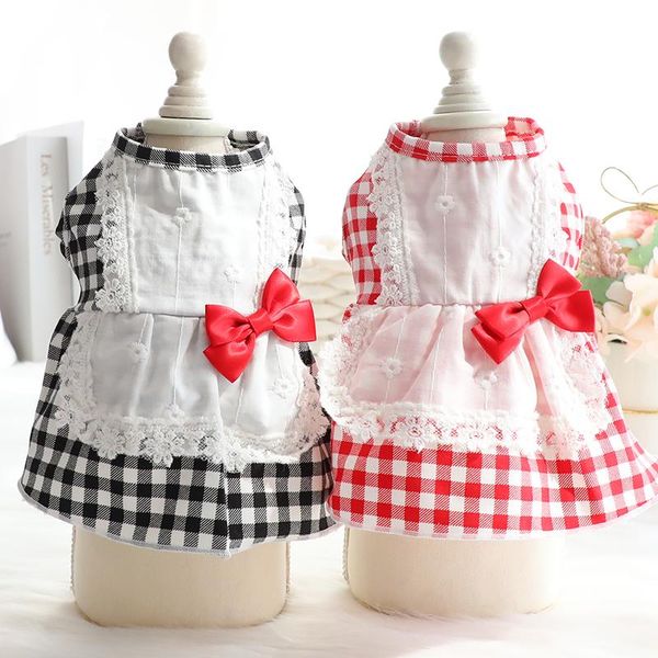 

lovely pet dog red black lattice skirts 100%cotton lace bow-knot clothes puppy dogs dresses costumes outfits chihuahua teddy apparel