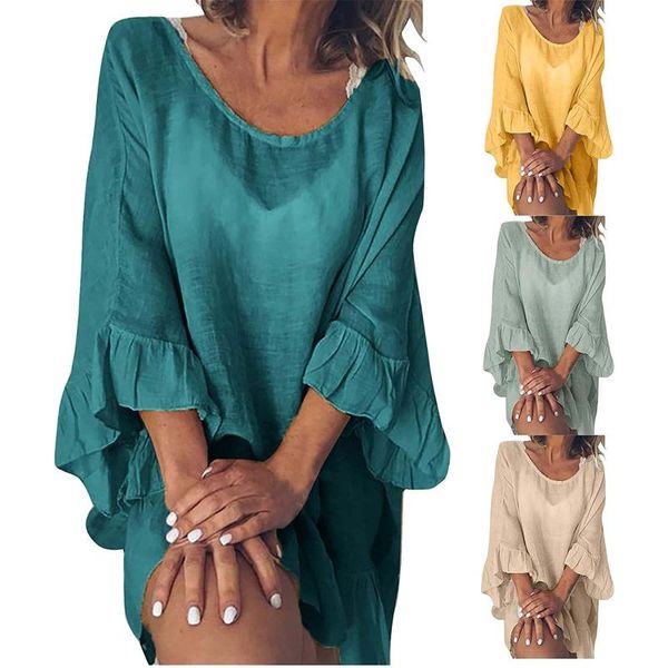 

casual dresses 2021 summer loose solid color pocket short sleeve round neck cotton and linen dress large size women's clothing s-2xl, Black;gray