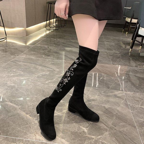 

boots floral embroidery thigh high women's winter comfortable cashmere over-the-knee thick heel long slim socks, Black