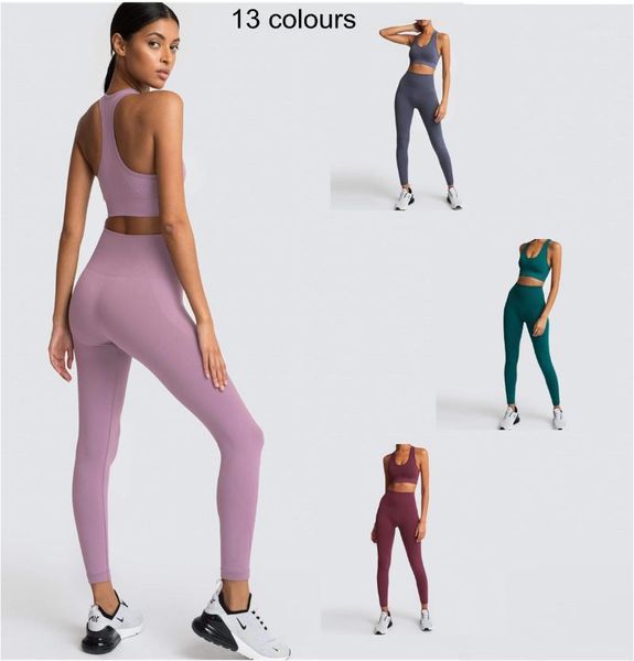 

yoga outfit women seamless set sports gym crop bra pad elastic high waist pant solid fitness clothing