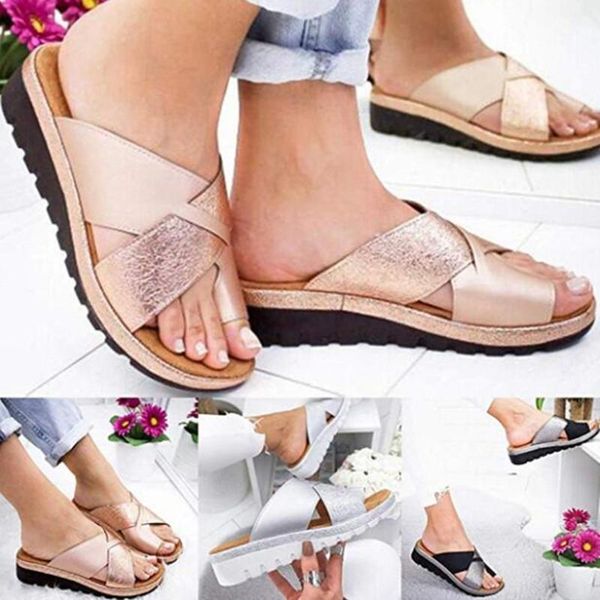 

leather women slippers casual and comfortable big toe correction sandals platform wedge heel ladies shoes1, Black