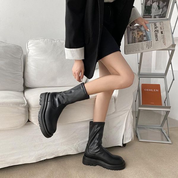 

boots ankle mid calf women ladies shoes slip on platform non pu leather soft footwear woman fashion autumn winter, Black