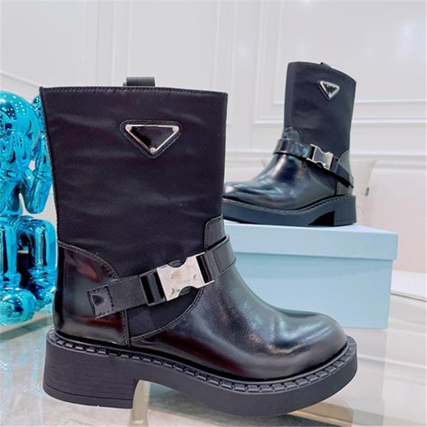 

boots 2021 design shoes woman platform round toe zapatos de mujer buckle botas mid calf combat chunky heel pumps, Black