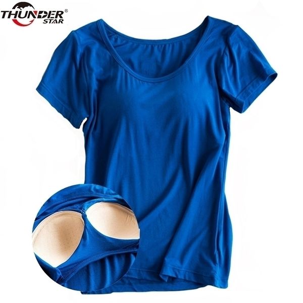Modal Dahili Yastıklı Sütyen T-shirt kadın Kısa Kollu Nefes Giyim Kadın Dip T Gömlek Casual Lady Top Tees Tops 210330