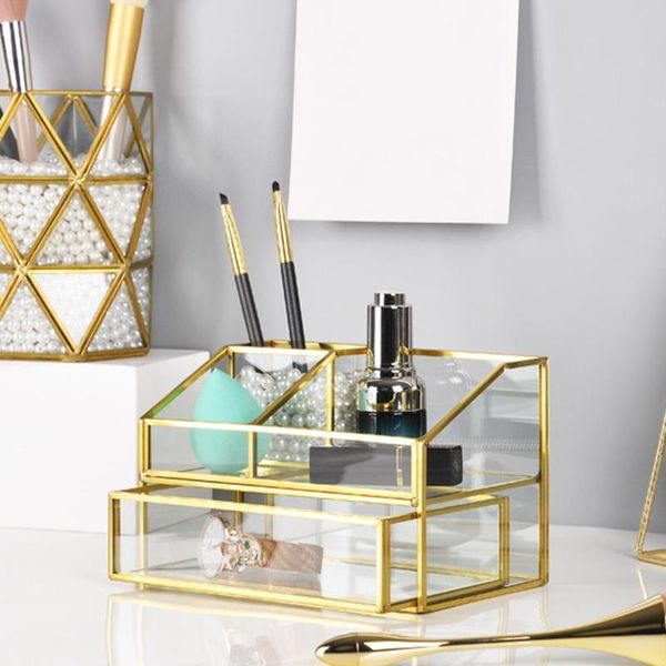 

brass glass cosmetic organizer box bathroom storage makeup perfume nail polish lipstick holder drawer display shelf boxes & bins