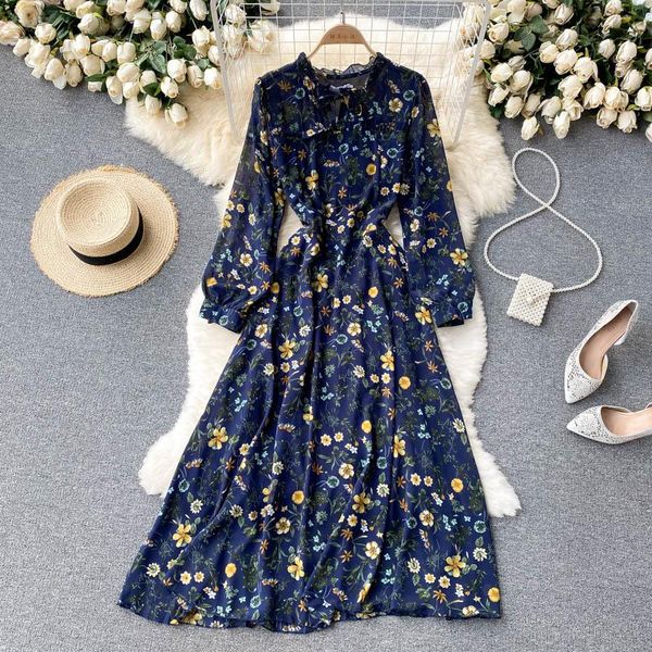 

casual dresses ftlzz autumn a line o neck chiffon pullover mid-calf women medium vintage floral print lady full high waist dress, Black;gray