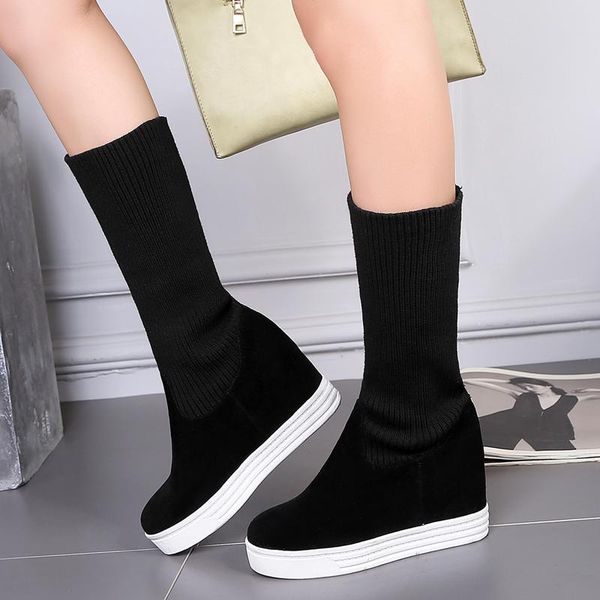 

boots elastic stretch thigh sock women shoes fashion wedge hidden heels mid-calf for black 2021 autumn spring