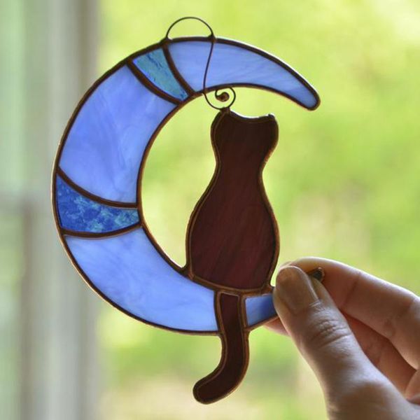 

decorative objects & figurines stained glass cat on the moon window hanging suncatcher lover gift pet black home decor fou99