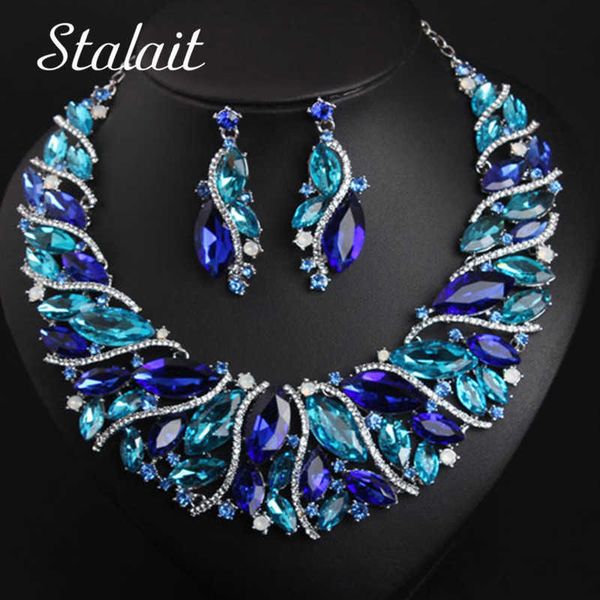 

vintage statement crystal necklace earrings set retro dubai bridal jewelry sets women's party luxury big colorful jewellery gift h1022, Silver
