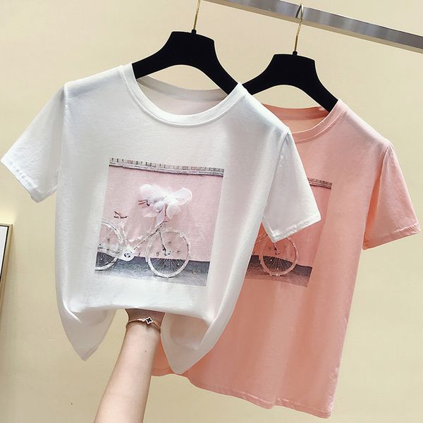 Bicicleta de cristal impresso mulheres casuais camiseta redonda pescoço de manga curta feminina camisas soltas de verão moda senhoras tops roupas 210518