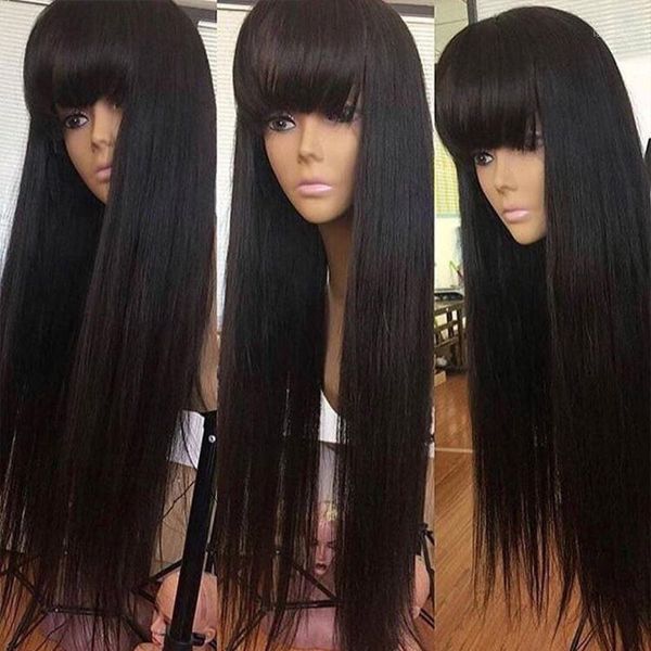 

180% straight lace front human hair wigs for women natural black remy brazilian 13x4 fringe wig with bangs bleached slove hair1, Black;brown