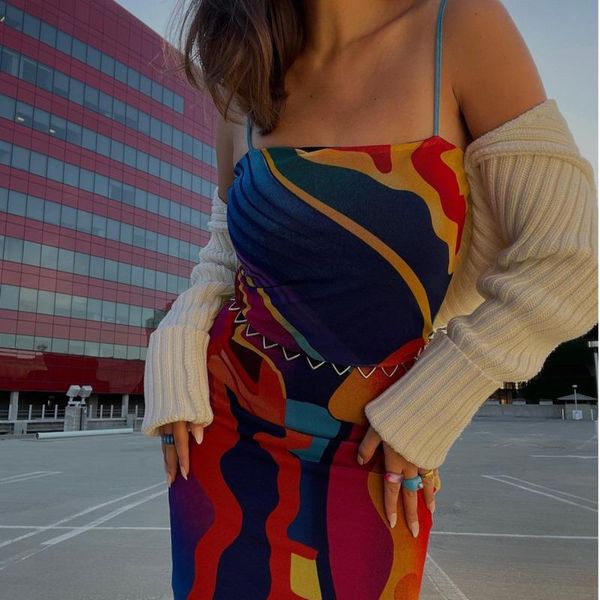 

casual dresses ls21180 wind suspender hip skirt 2021 abstract printing mesh dress, Black;gray