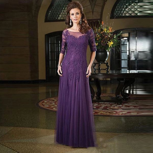 

half long sleeves lace mother of the bride dresses scoop neck floor length appliques a line formal evening gowns, Black;red