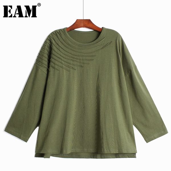 

[eam] women black big size casual spliced slit back long t-shirt round neck long sleeve fashion spring autumn 1dd8253 21512, White