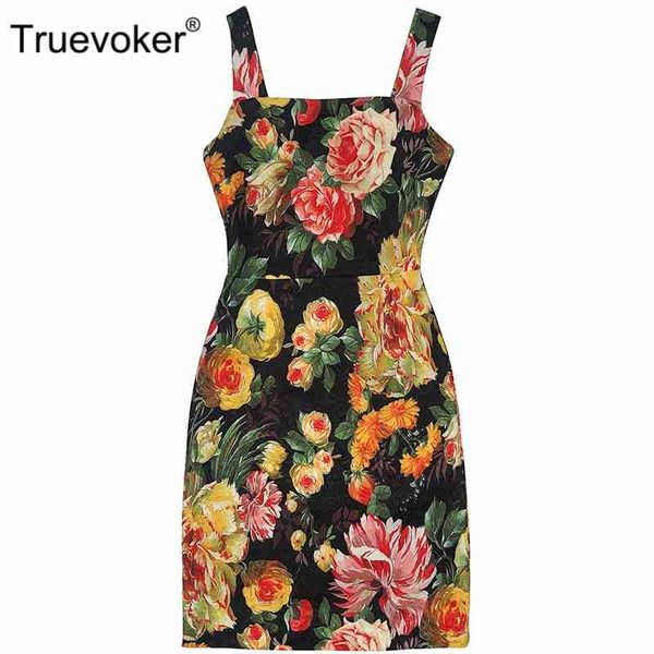 

truevoker summer designer plus size dresse's high end multicolor flower printed jacquard holiday spaghetti strap vestido 210602, Black;gray