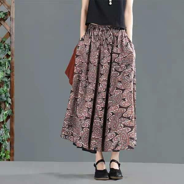 

skirts cotton literary spring printed skirt elastic waist women's clothing, Black