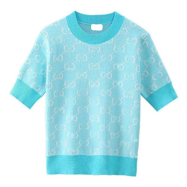 Suéter de tricô feminino duplo G de alta qualidade com estampa de letras e logotipo da moda camiseta de manga curta