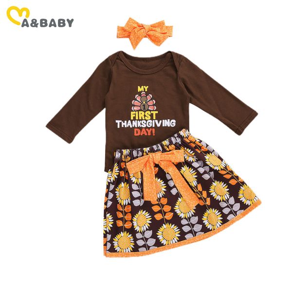 0-24M MY 1. Thanksgiving Day geborenes Kleinkind Baby Mädchen Kleidung Set Cartoon Türkei Strampler Blumenröcke Outfits Party 210515