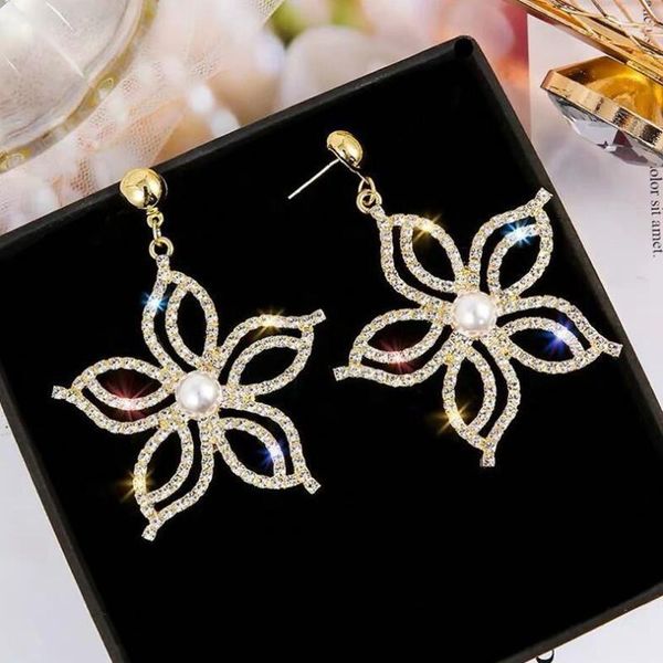 

stud french romantic crystal pearl flower long hypoallergenic earrings woman 2021 style temperament zircon jewelry gift, Golden;silver