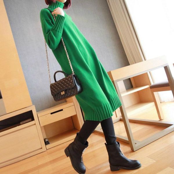 

casual dresses turtleneck thick warm cotton knit dress ladies solid brief long sleeve women knitted sweater office robe pull, Black;gray