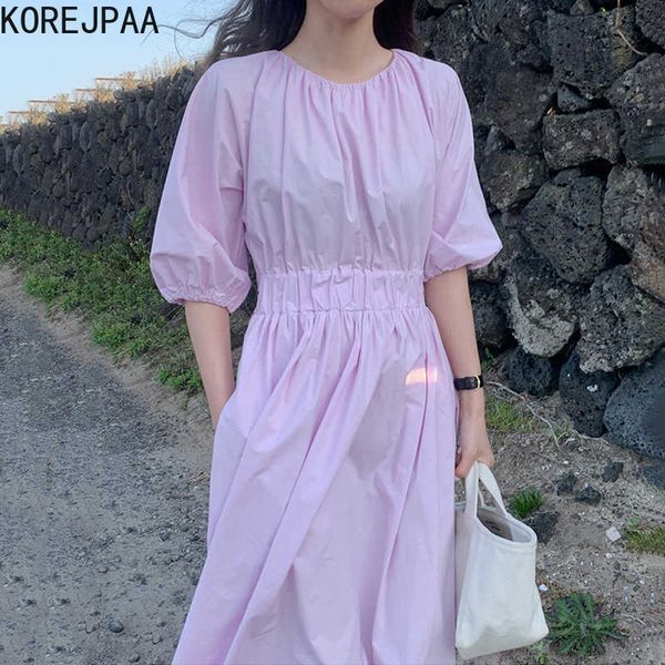 

korejpaa women dress summer korean fashion chic elegant commute casual solid o neck pleated elastic waist long vestido 210526, Black;gray