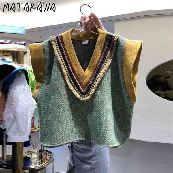 Matakawa Knitting Sweater Colete Mulheres Mangas Sem Mangas Duffle V-Decote Curto Spring Spring Spring Moda Coreana Colete 210909