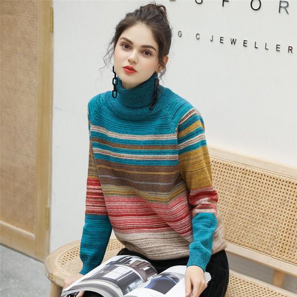 

women's sweaters women turtleneck autumn winter stripe pullover lazy style color matching soft knit sweater warm jumper0796, White;black
