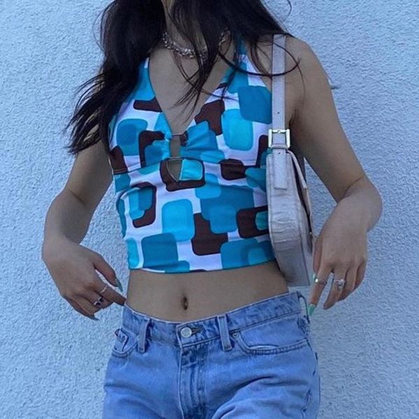 

women's tanks & camis t-shirt y2k metal halter vintage print crop backless corset female summer hollow out sweats mini vests, White