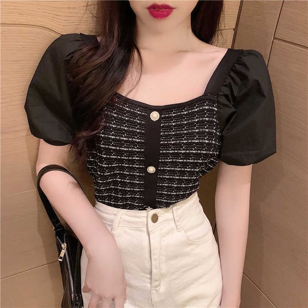 

& tees women's clothing summer square neck puff sleeve patchwork plaid t-shirts women thin knitted casual retro 210610, White