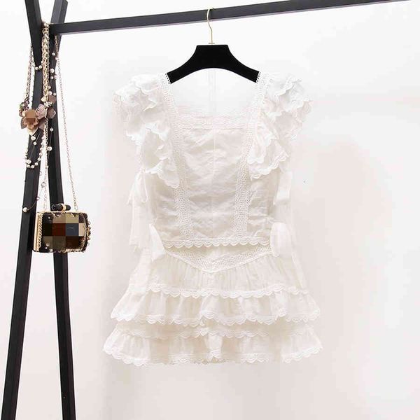 

female set with embroidered lace, two pieces, short sleeve blouse + mini white skirt, summer,