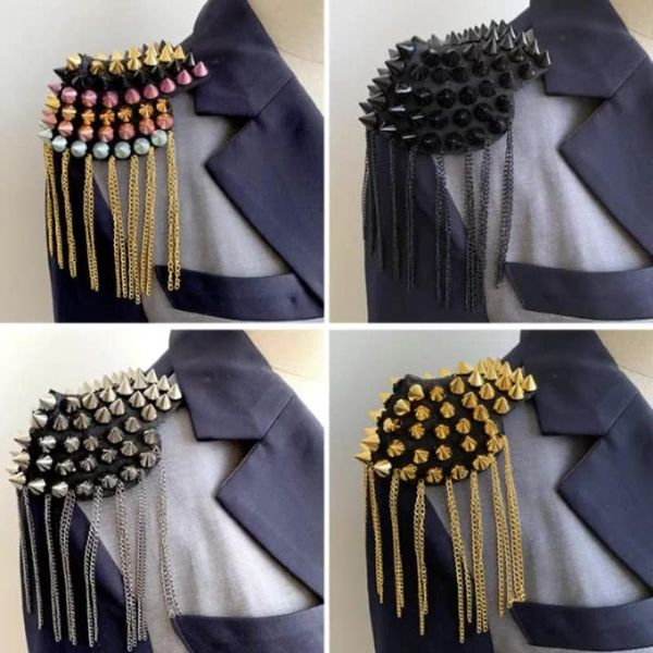 

pins, brooches 2pcs british brooch suit shoulder fashion epaulet gothic punk rivets cool board mark gold spike tassel epaulette accessories, Gray