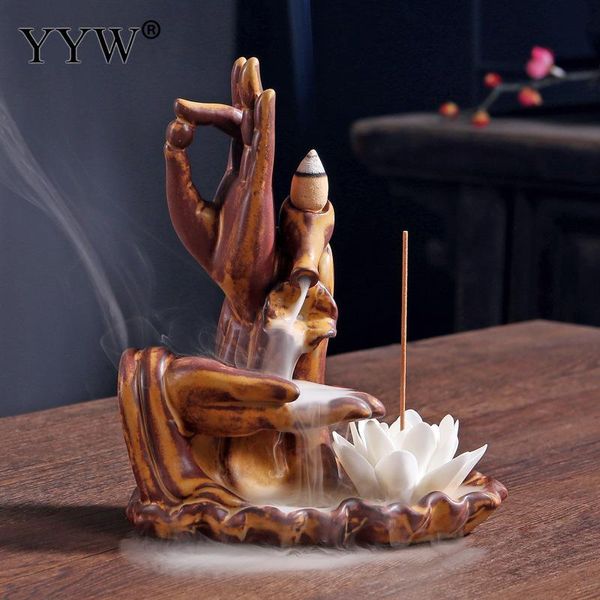 

fragrance lamps creative ceramic lotus censer smoke waterfall backflow incense burner holder stick buddha with 10pcs cones