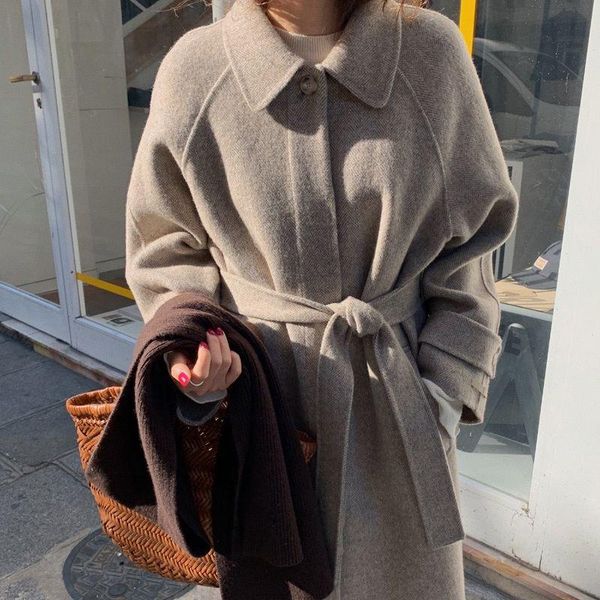 

women's wool & blends women casual turn-down collar loose woolen coats autumn winter thicken warm outwear female blend coat, Black