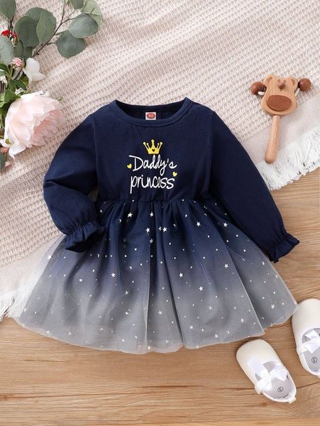 

baby letter graphic flounce sleeve mesh hem dress she02, Red;yellow