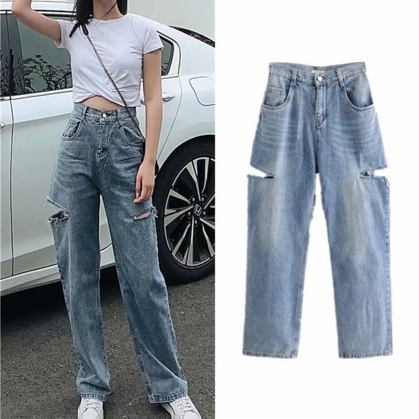 

women's jeans lugentolo high waist women hole loose cotton full length wide leg pants streetwear casual fashion summer, Blue