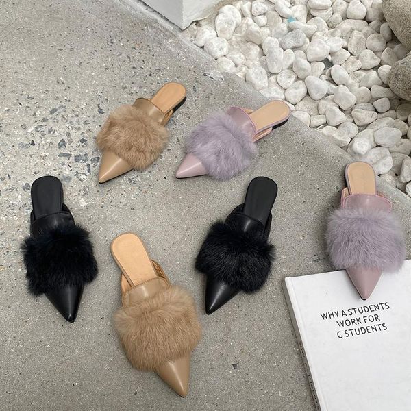 

women slippers fashion fur pointed toe outdoor slides mules shoes for woman causal flip flops flats ladies dress, Black