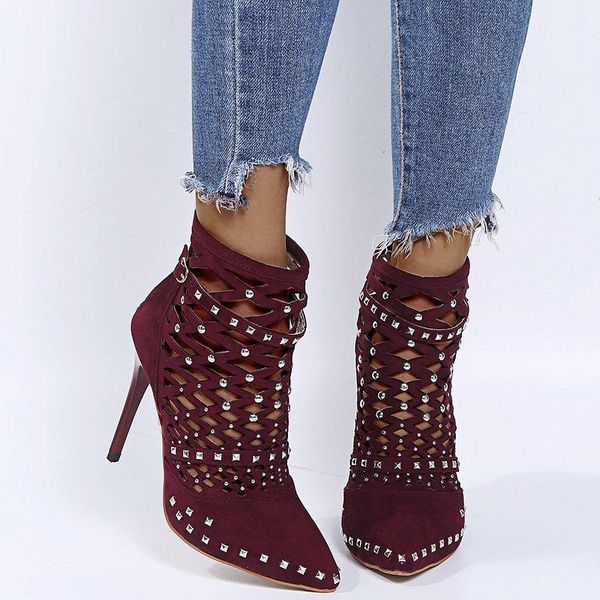 

dress shoes gladiator sandals summer spring pointed toe rivets studded cut out caged ankle boots stiletto heel women shoeskm4, Black