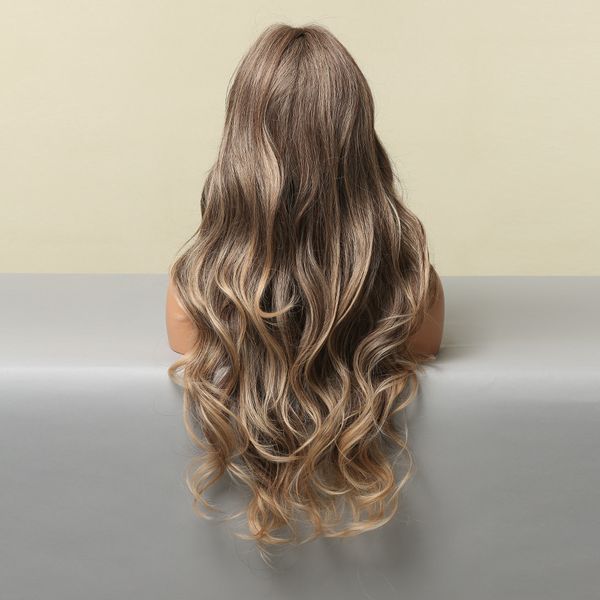 

brown blonde highlight synthetic wigs with full bangs long body wave wigs for black women heat resistant fiber cosplay daily use