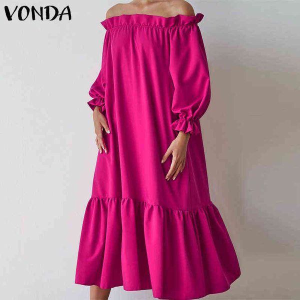 

holiday swing dress vonda 2021 women off shoulder party ruffled dress beach sundress casual vestidos oversized robe femme y1204, Black;gray