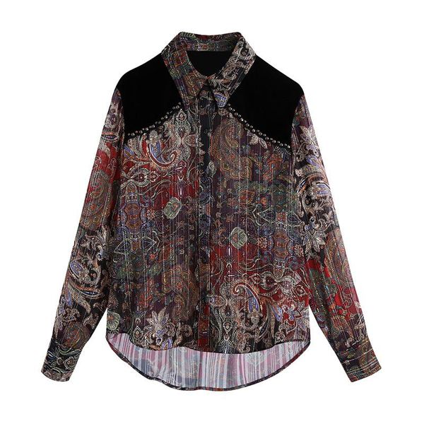 

women floral print blouse shirt vintage lapel long sleeve female girlish style rivet design chiffon ladies women's blouses & shirts, White