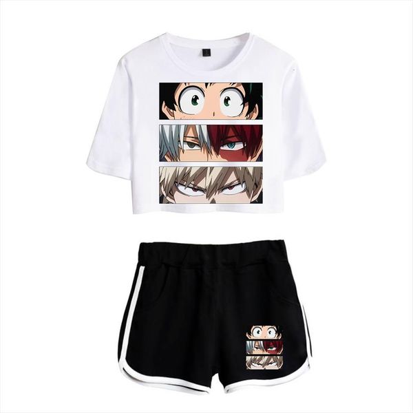 

cute print my hero women tracksuits academia exposed navel white t shirt black shorts womens two piece sets casual girls, Gray