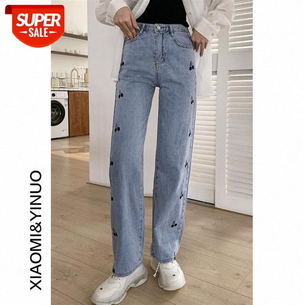 

[ou fan] 7912 embroidered jeans women's straight loose chic hong kong flavor high waist and thin wide leg pants #o74u, Black;gray