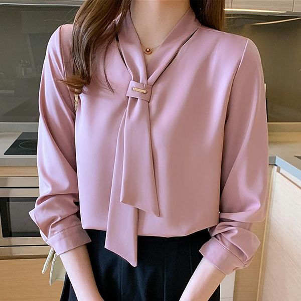 

women's blouses & shirts spring fashion chiffon women blouse office lady long sleeve solid with tie v neck loose female clothing, White
