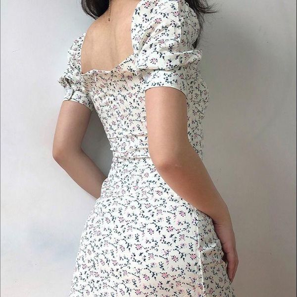 

women's knits & tees 2021 spring and summer lace up bubble sleeves show thin waist floral skirt wear, White