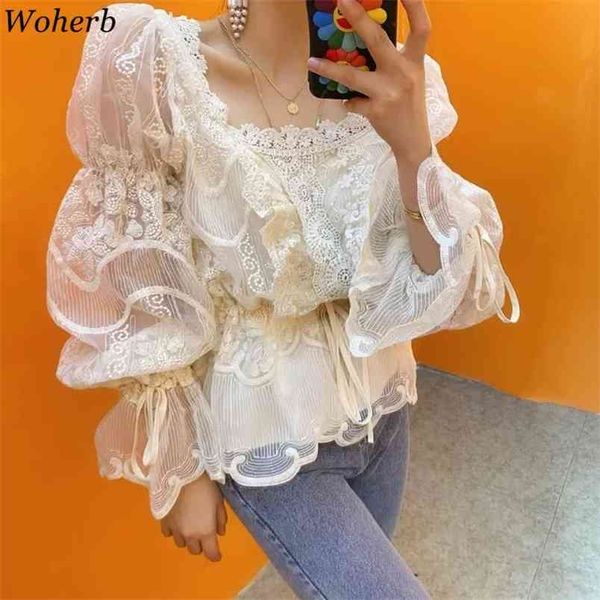 

korean lace patch blouse slim waist bandage flare long sleeve shirt autumn chic elegant square collar blusas mujer 210519, White