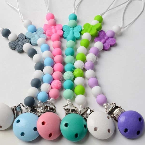 

baby silicone teether butterfly silica gel beads pacifier holders newborn chain clip teething nipple kids chew toy 6 colors