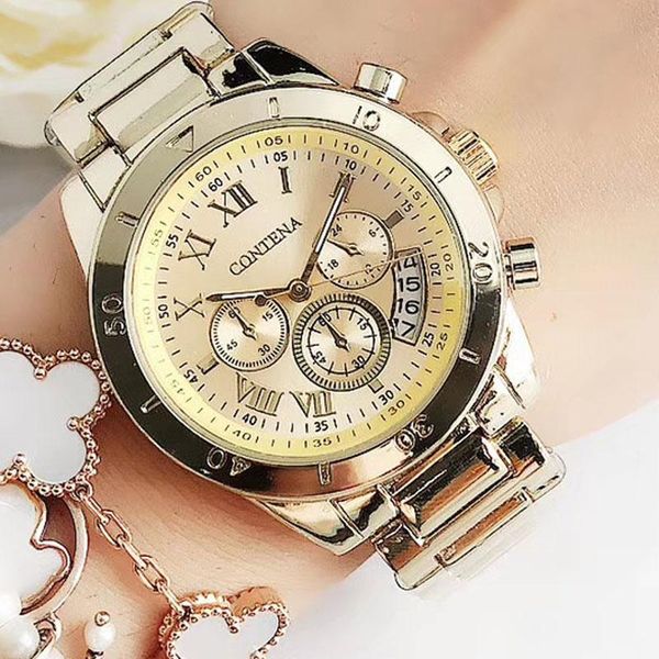 

luxury fashion women watches gold stainless steel date women's quartz female clock roman relogio feminino zegarek damski wristwatches, Slivery;brown