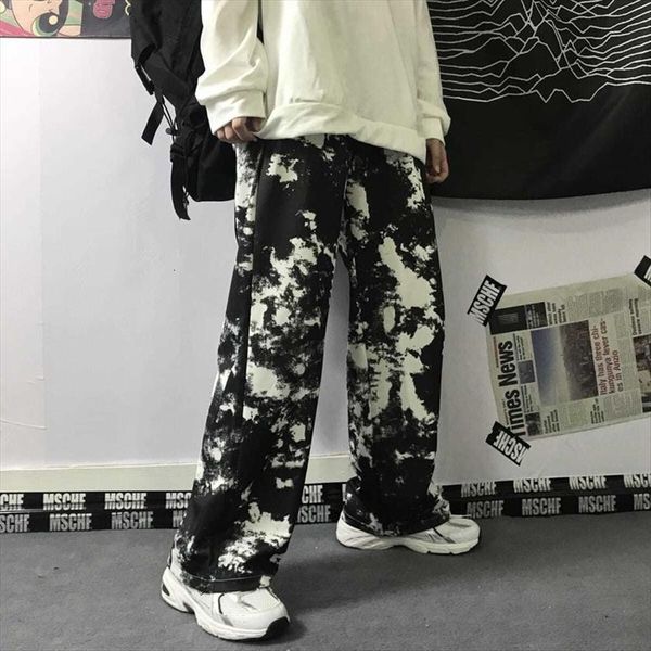 

harajuku tie dye wide leg women pants korean style streetwear high waist fashion street casual oversize trousers, Black;white