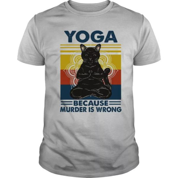 

black cat yoga because murder is wrong vintage t-shirt, White;black