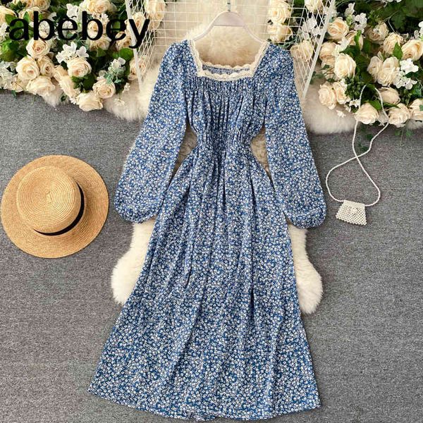 

women print floral dress lace square collar puff sleeve a line autumn casual waist elastic ruched french 210512, Black;gray